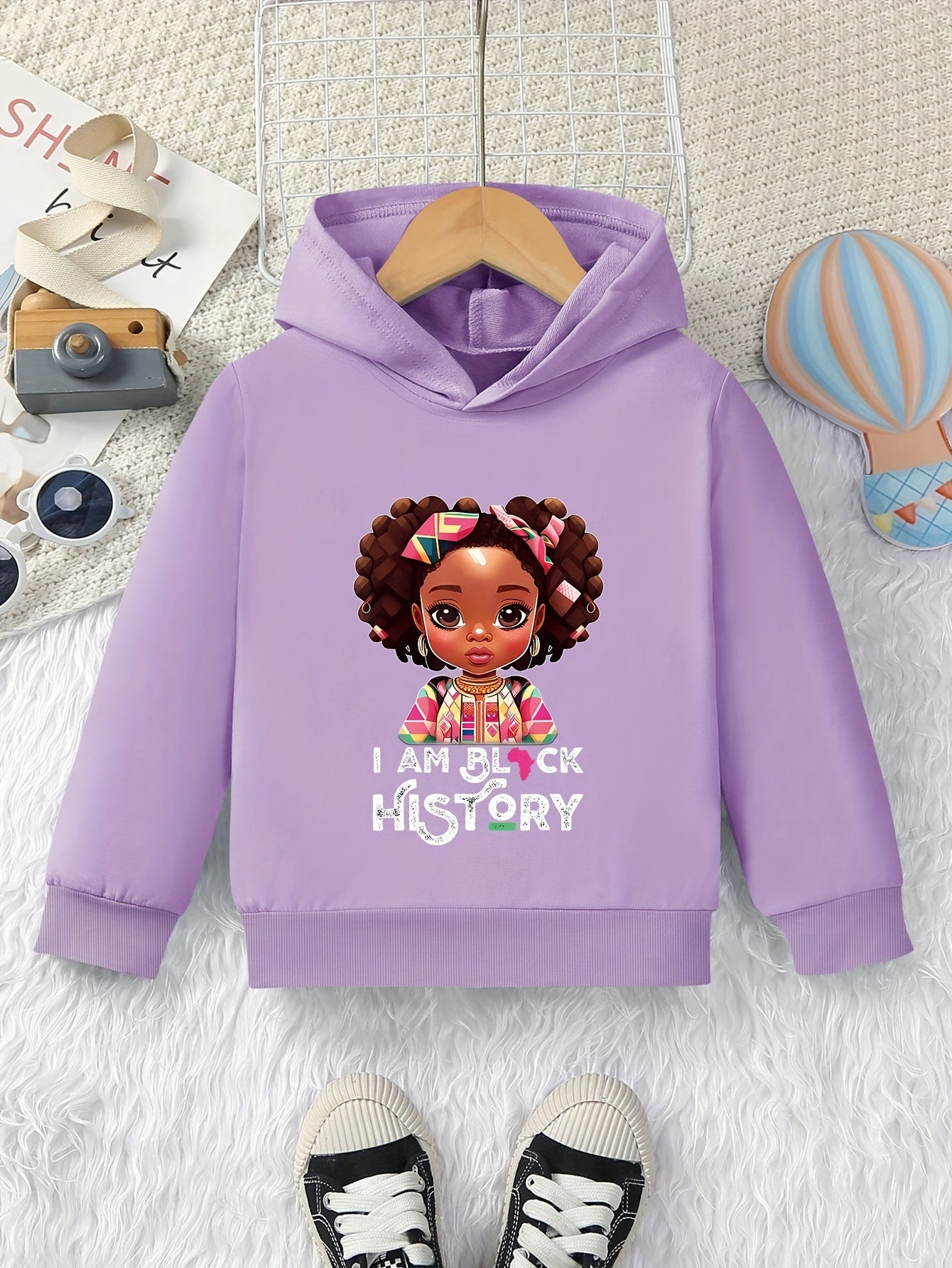 "Cartoon Style Girls' Hooded Sweatshirt with ""I AM BLACK HISTORY"" Print - Casual Pullover Hoodie"