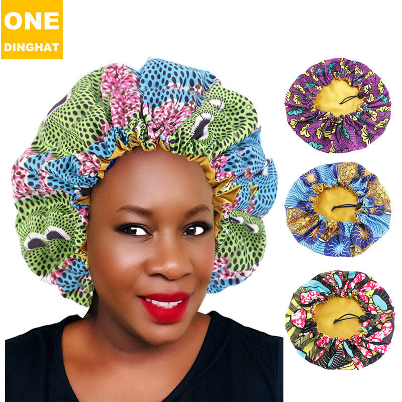 African printed sleep hat double color dine round cap double-sided can take a head towel hood tightening adjustment