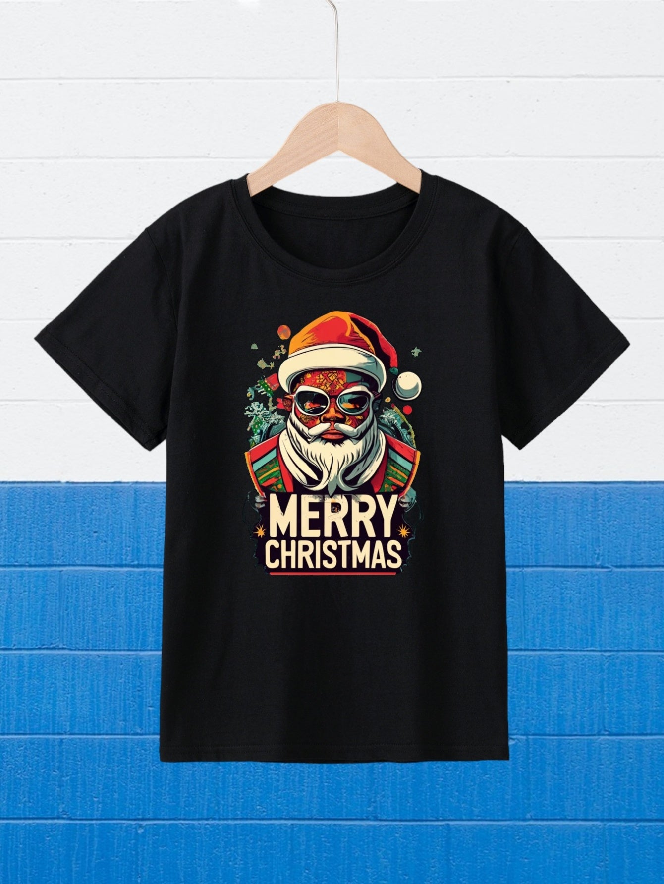 African American Santa Claus Children's Short Sleeved T-shirt Creative Letter Print Breathable And Loose Fitting Round Neck Simple Pattern Casual Top