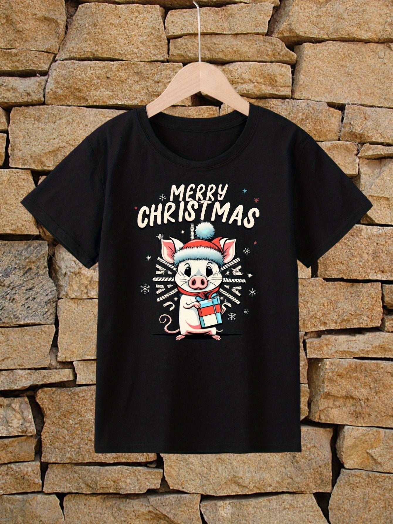 African American Santa Claus Children's Short Sleeved T-shirt Creative Letter Print Breathable And Loose Fitting Round Neck Simple Pattern Casual Top