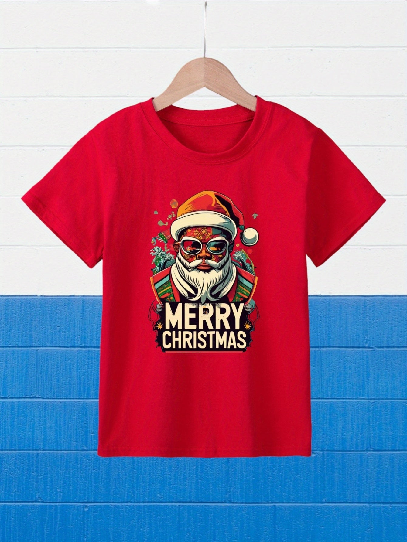 African American Santa Claus Children's Short Sleeved T-shirt Creative Letter Print Breathable And Loose Fitting Round Neck Simple Pattern Casual Top