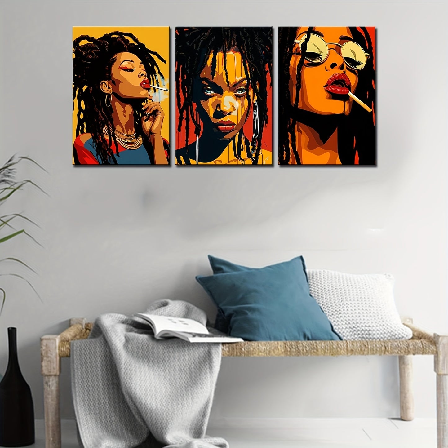 3pcs Fashionable Black Women Portrait Canvas Wall Art - Afro Women with Dreadlocks and Roses - Home and Office Decor - Frameless - Available in Three Sizes - Perfect Gift