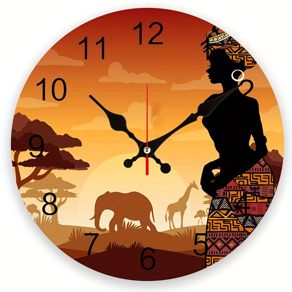 1pc African Woman Sunset Wall Clock Silent Non-Ticking Battery Operated Clocks, Round Clock for Home Living Room Office School Kitchen Bedroom Wall Decor Tribal Style Forest AA battery (not included)