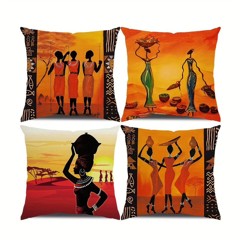 4pcs African Women's Indigenous Face Square Polyester Cushion Cover, Throw Pillow Cover, Bedroom Accessories, Sofa Cushion Cover, Living Room Throw Pillow Cover (No Pillow Core)