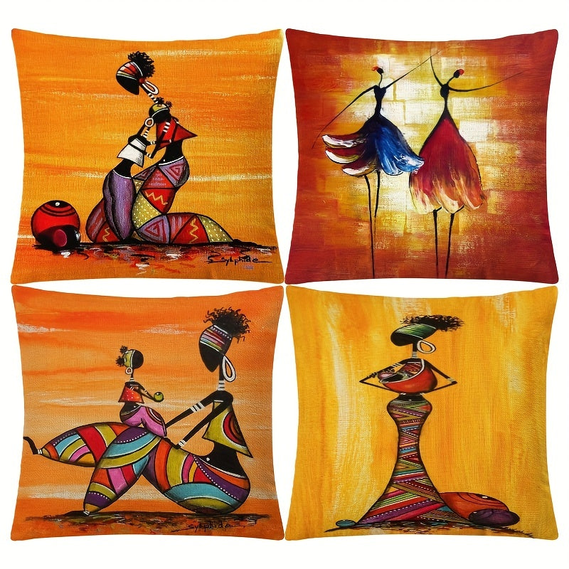 4pcs African Woman Printed Linen Throw Pillowcases - Tropical Flavor Design - 18x18in - Home Decor for Living Room, Bedroom, Couch, Sofa