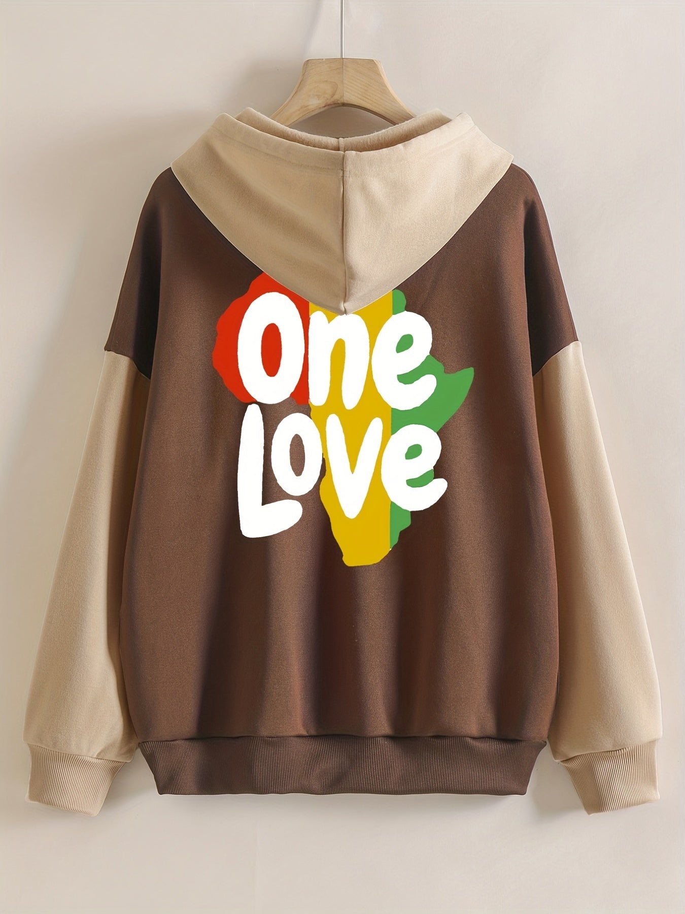 African One Love Print Hoodie - Women's Color Block Casual Hooded Sweatshirt for Winter & Fall