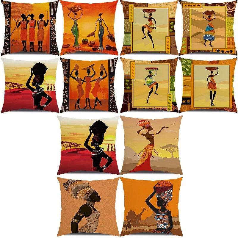 4pcs African Women's Indigenous Face Square Polyester Cushion Cover, Throw Pillow Cover, Bedroom Accessories, Sofa Cushion Cover, Living Room Throw Pillow Cover (No Pillow Core)