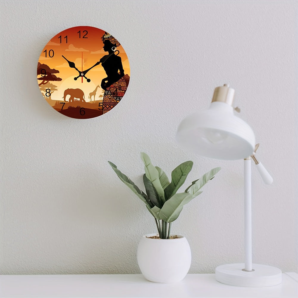 1pc African Woman Sunset Wall Clock Silent Non-Ticking Battery Operated Clocks, Round Clock for Home Living Room Office School Kitchen Bedroom Wall Decor Tribal Style Forest AA battery (not included)