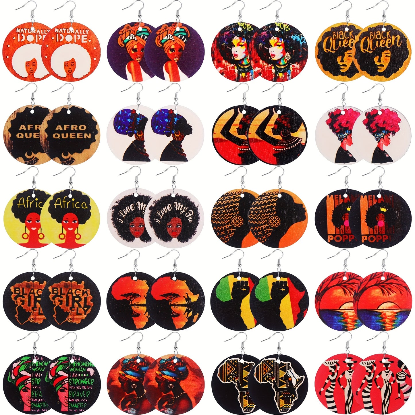 20 pairs African Totem Black Beauty Round Dangle Earrings - Retro Ethnic Style Wooden Jewelry for Trendy Females