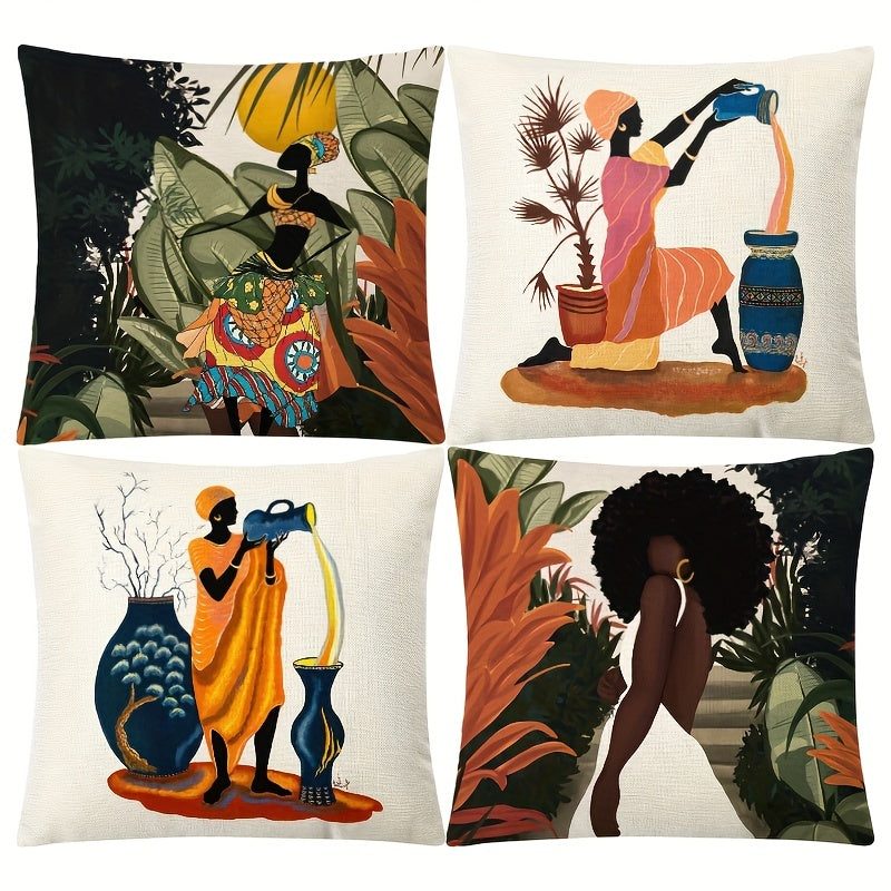 4pcs African Woman Printed Linen Throw Pillowcases - Tropical Flavor Design - 18x18in - Home Decor for Living Room, Bedroom, Couch, Sofa