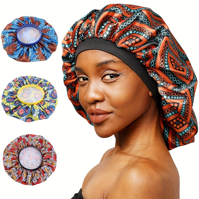 African Style Printed Tin Round Cap - Satin Lined Bonnet for Women - Large Size Beauty Print Satin Silk Bonnet Sleep Cap Hat for Sleeping, Showering, and Exercise