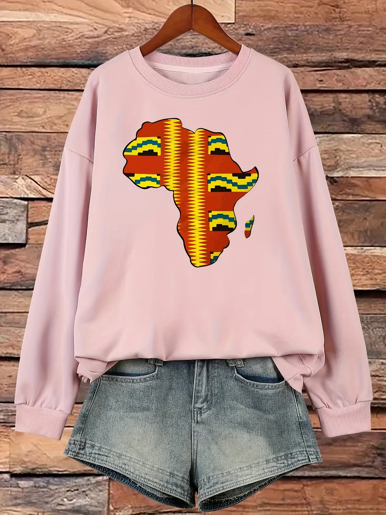 African Map Print Pullover Sweatshirt - Women's Casual Long Sleeve Crew Neck Sweatshirt