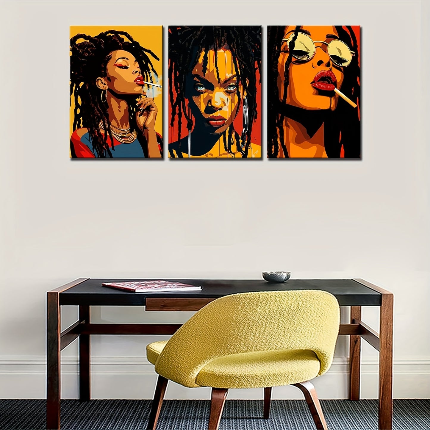 3pcs Fashionable Black Women Portrait Canvas Wall Art - Afro Women with Dreadlocks and Roses - Home and Office Decor - Frameless - Available in Three Sizes - Perfect Gift