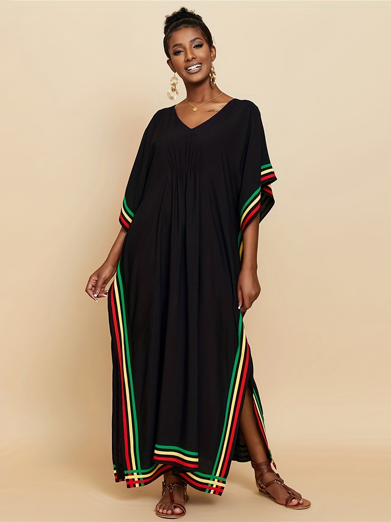 Women's Striped V-Neck Batwing Sleeve Cover Up Dress - Elegant Beach Kaftan for Swimwear & Clothing