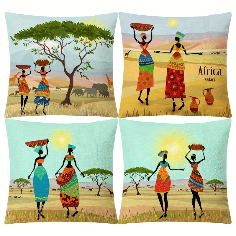 4pcs African Woman Printed Linen Throw Pillowcases - Tropical Flavor Design - 18x18in - Home Decor for Living Room, Bedroom, Couch, Sofa