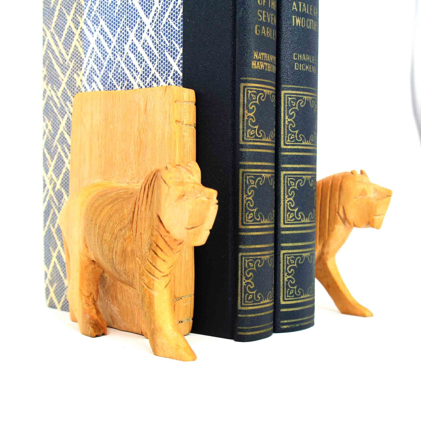 Carved Wood Lion Book Ends, Set of 2