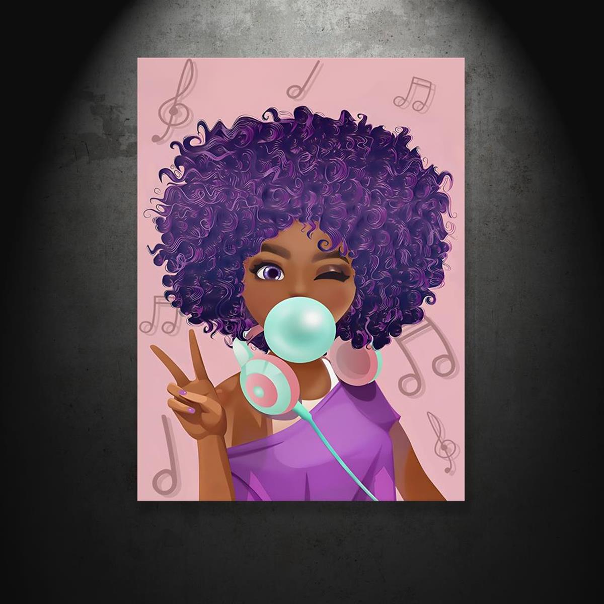 1pc African American Girl Wall Art - Pretty Teal Blue Bubble Gum and Purple Pink African American Print - Canvas Prints for Living Room, Kitchen, and Bedroom Decor - Unframed