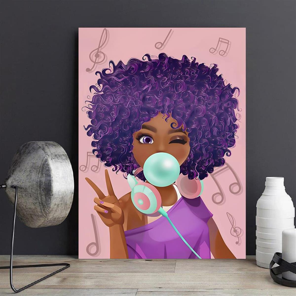 1pc African American Girl Wall Art - Pretty Teal Blue Bubble Gum and Purple Pink African American Print - Canvas Prints for Living Room, Kitchen, and Bedroom Decor - Unframed