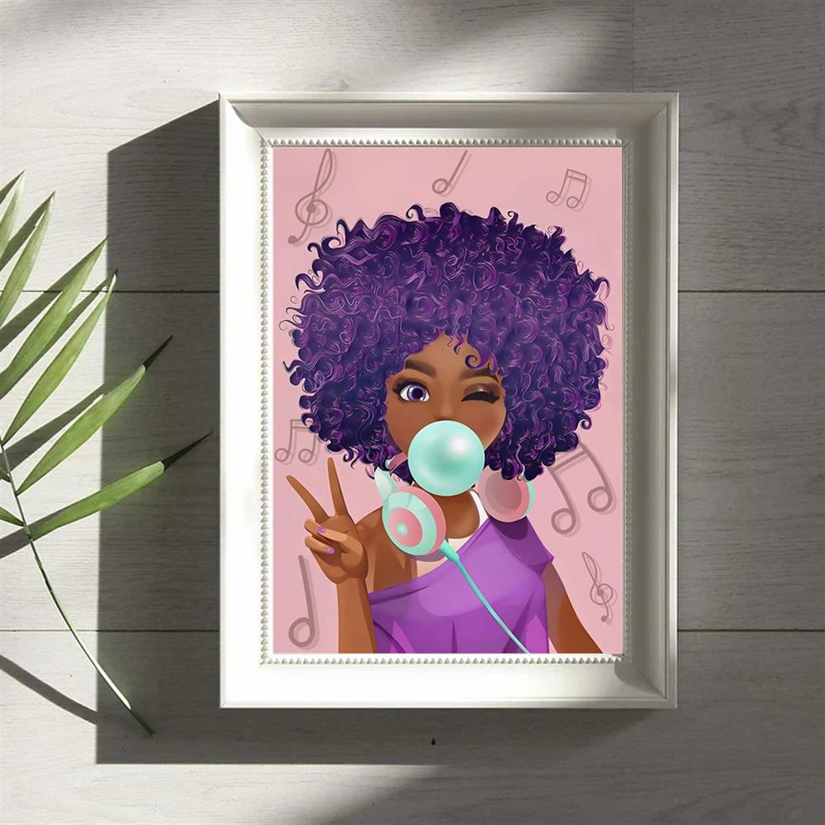 1pc African American Girl Wall Art - Pretty Teal Blue Bubble Gum and Purple Pink African American Print - Canvas Prints for Living Room, Kitchen, and Bedroom Decor - Unframed