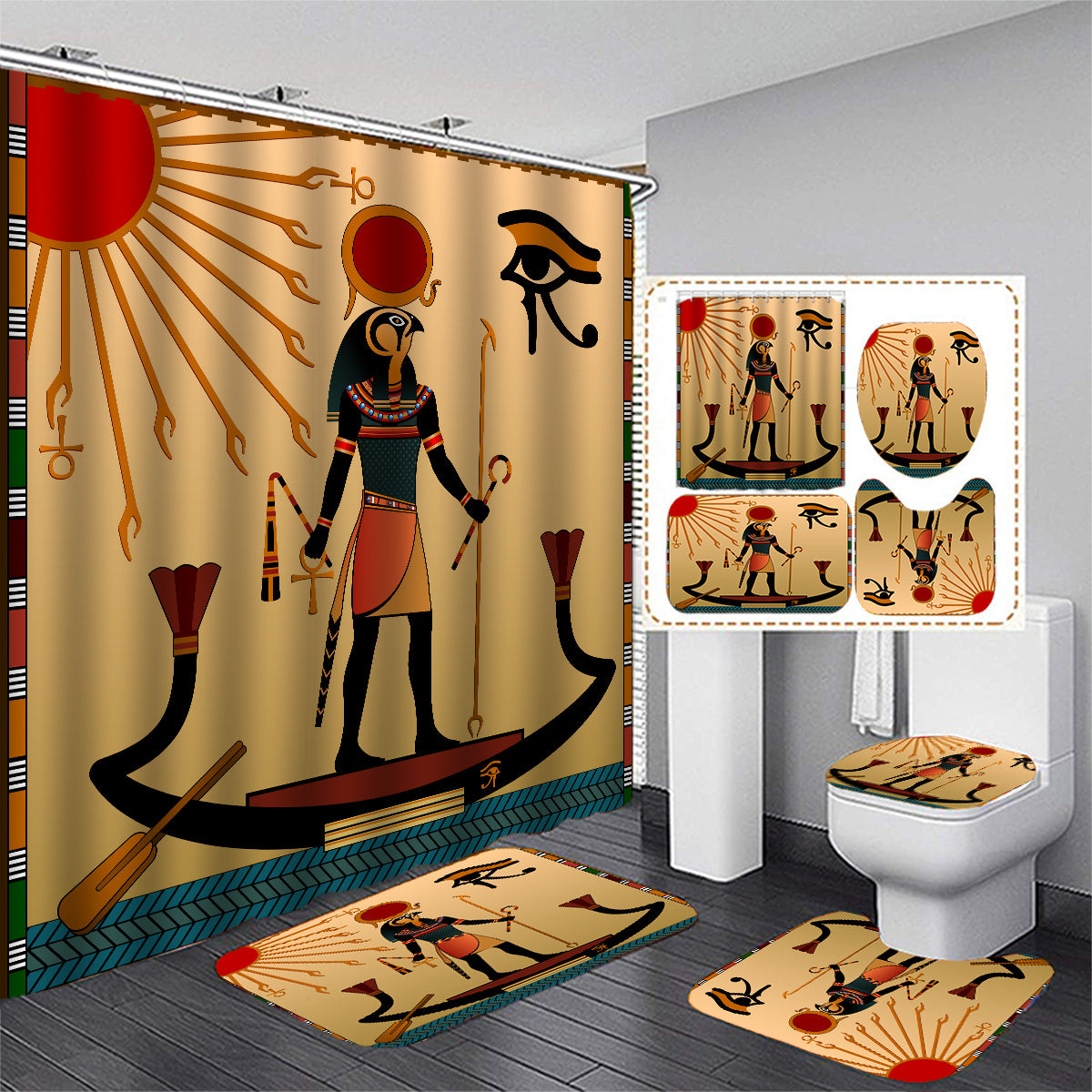 1/3/4pcs Egyptian Fresco Bathroom Set - Shower Curtain, Rug, Toilet Lid Cover, Bath Mat - Waterproof Polyester - Ancient Egyptian Theme