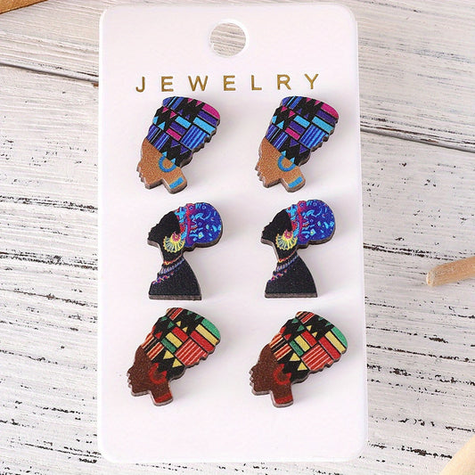 3 pairs Retro African Queen Head Design Wooden Stud Earrings - Unique and Stylish Ear Ornaments