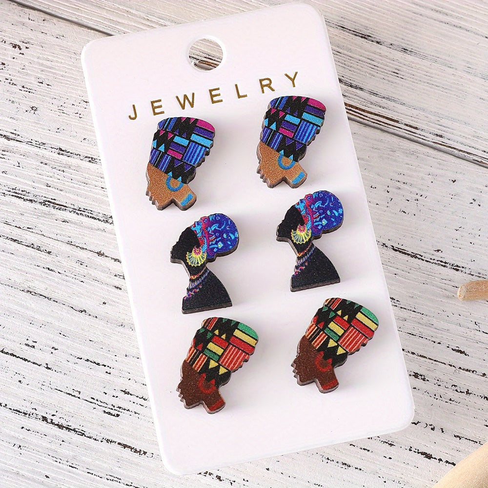 3 pairs Retro African Queen Head Design Wooden Stud Earrings - Unique and Stylish Ear Ornaments