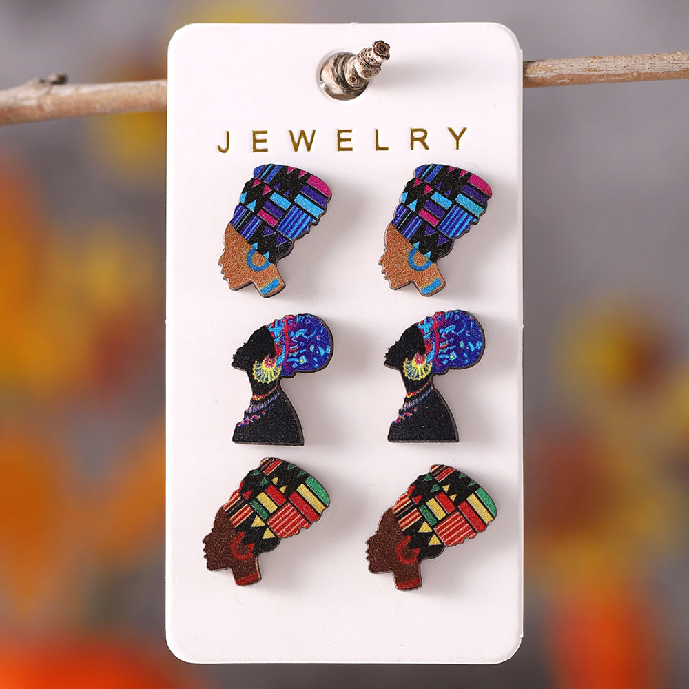 3 pairs Retro African Queen Head Design Wooden Stud Earrings - Unique and Stylish Ear Ornaments