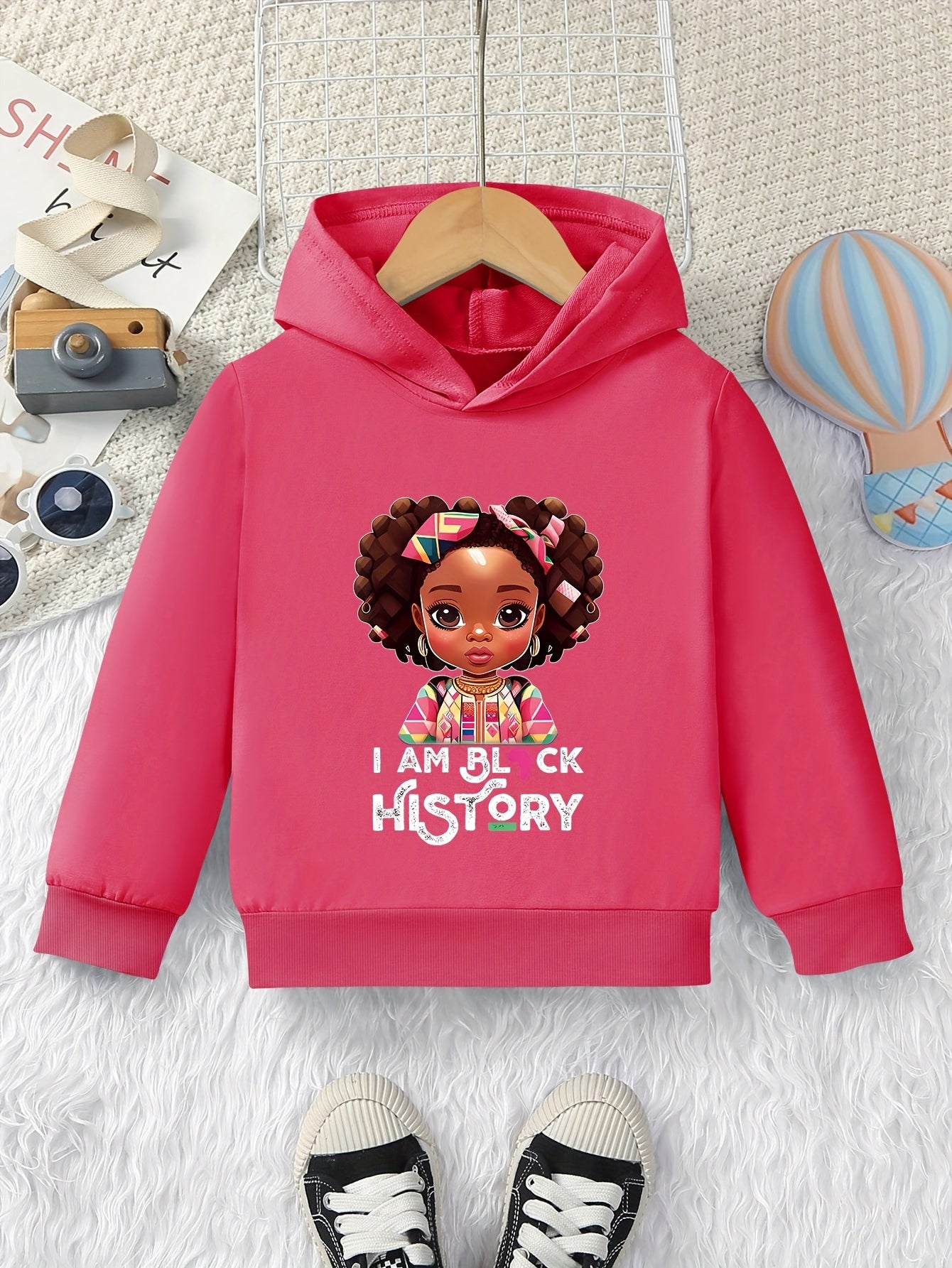 "Cartoon Style Girls' Hooded Sweatshirt with ""I AM BLACK HISTORY"" Print - Casual Pullover Hoodie"