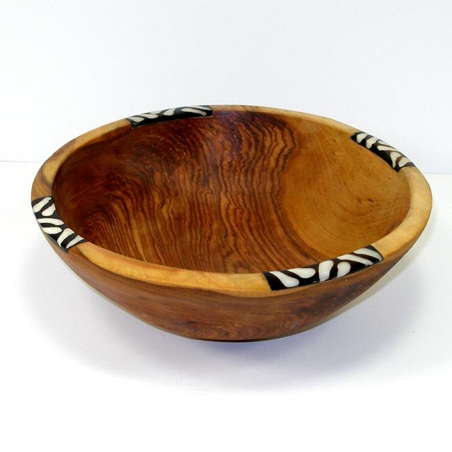 Handcarved Olive Wood Bowl 9 inch with Inlaid Bone - Jedando Handicrafts