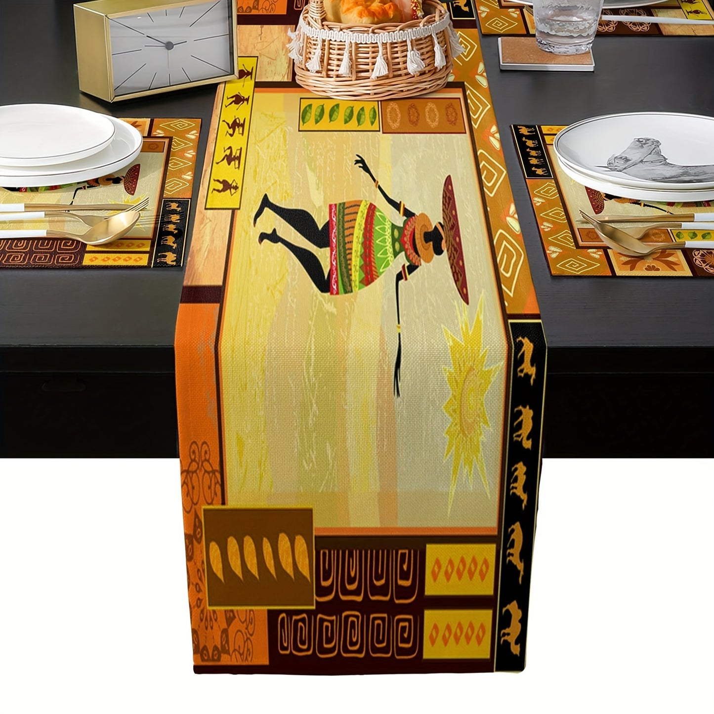 1pc Ethnic Totem African Woman Linen Table Runner Heat Resistant Kitchen Table Mat For Dining Room (No Metal Brace) 12x18 Inch Easter Gift