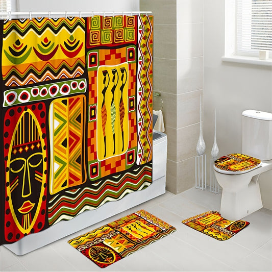 1/4pcs Tribal Pattern Shower Curtain Set with Waterproof Bath Curtain, Hooks, and Bathroom Mats - Bathroom Accessories and Decorations