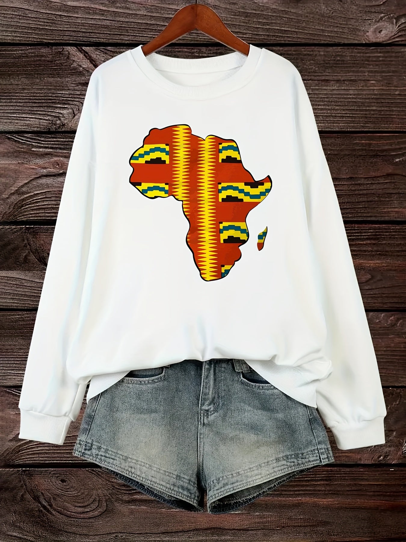 African Map Print Pullover Sweatshirt - Women's Casual Long Sleeve Crew Neck Sweatshirt