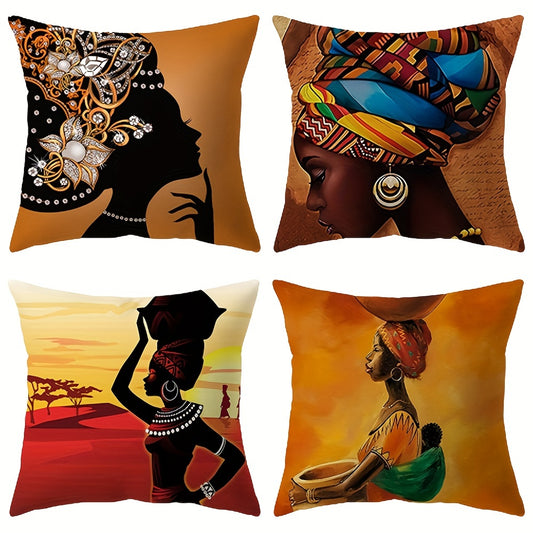 1 Pack/4pcs, Throw Pillow Covers (17.7"*17.7"), Indoor Outdoor Washable Traditional African Women Pillowcase, Home Decor, Room Bed Sofa Chair Cushion Covers, Spring Summer Mother's Day Wedding Birthday Themed Party Supplies, Holiday Accessory