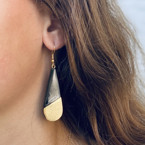 Brass & Black Horn Bisected Teardrop Earrings