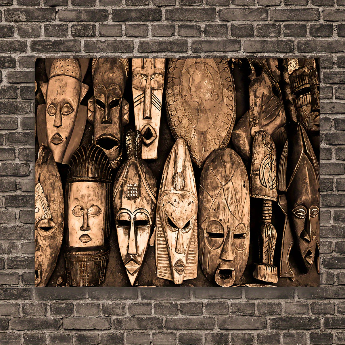 1pc Wooden Framed Canvas Painting African Tribal Masks Black Golden Africa Traditional Culture Wall Art Prints With Frame, For Living Room & Bedroom, Home Decoration Festival Gift For Her Him, Out