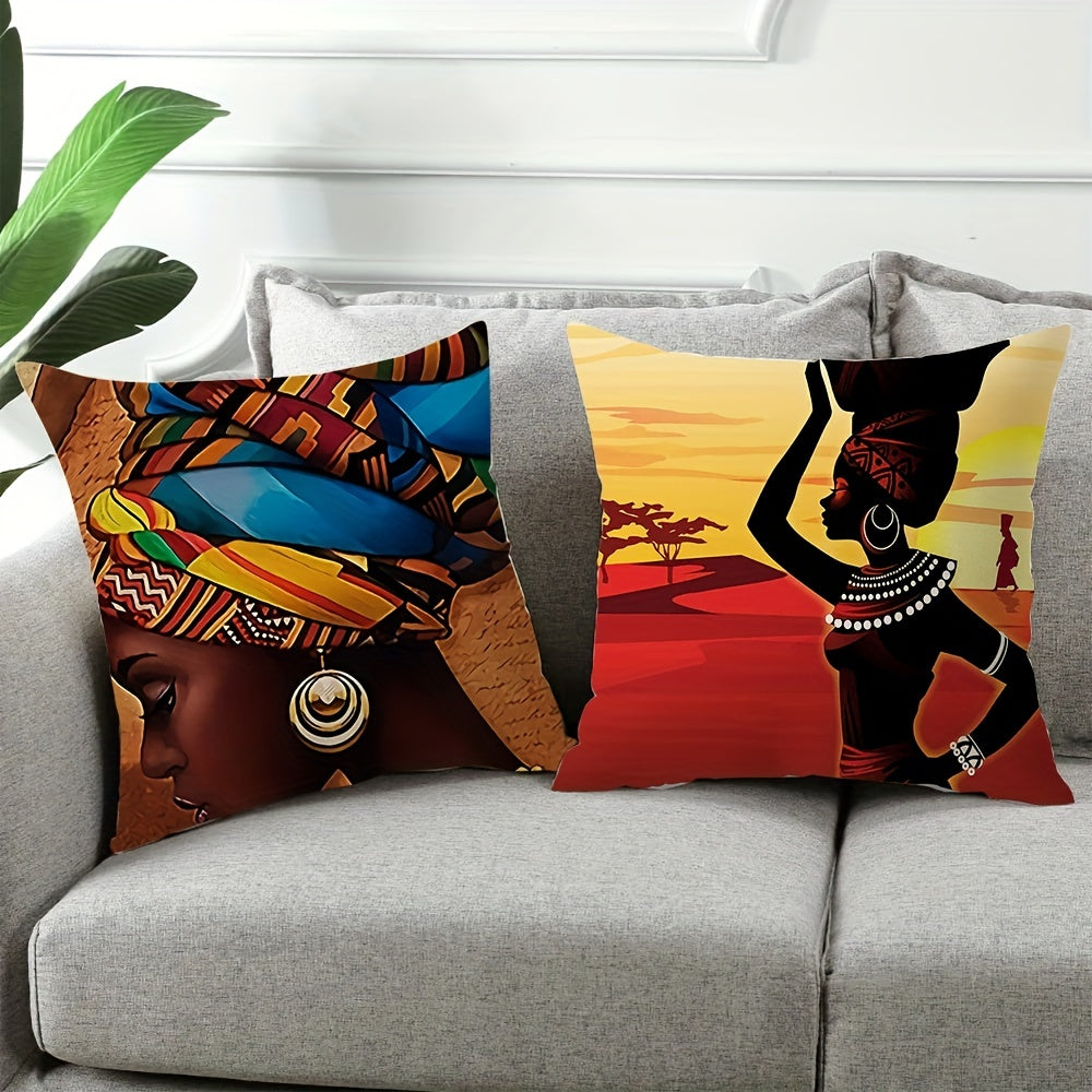 1 Pack/4pcs, Throw Pillow Covers (17.7"*17.7"), Indoor Outdoor Washable Traditional African Women Pillowcase, Home Decor, Room Bed Sofa Chair Cushion Covers, Spring Summer Mother's Day Wedding Birthday Themed Party Supplies, Holiday Accessory