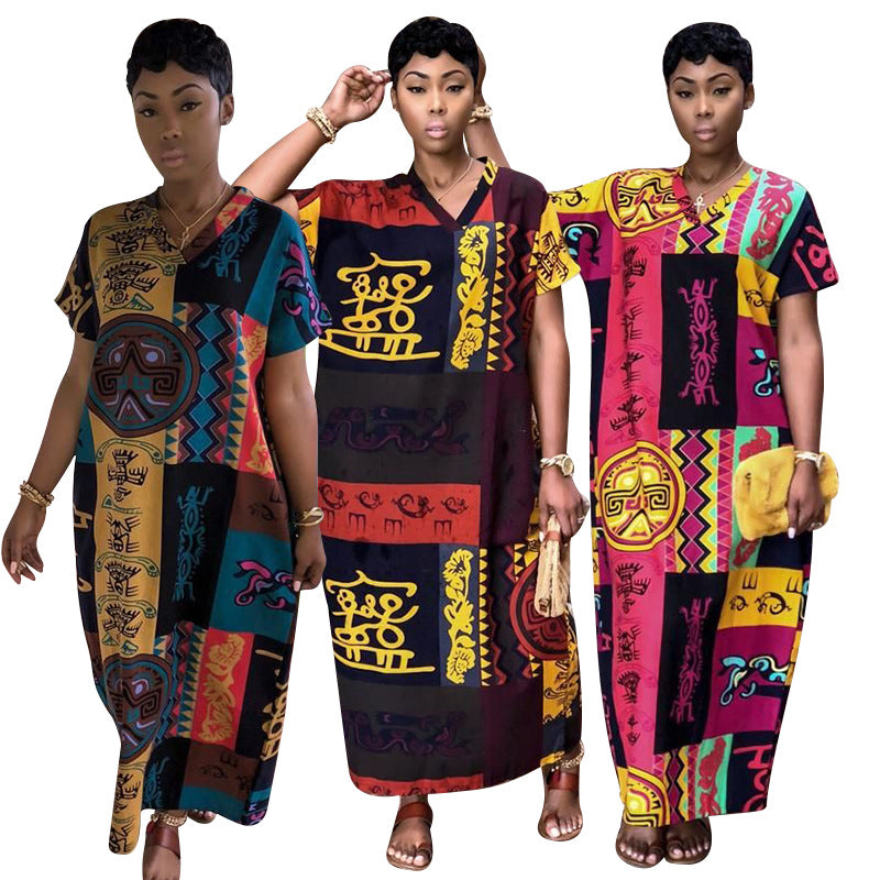 n Long African Ethnic Style Printed Loose Dress