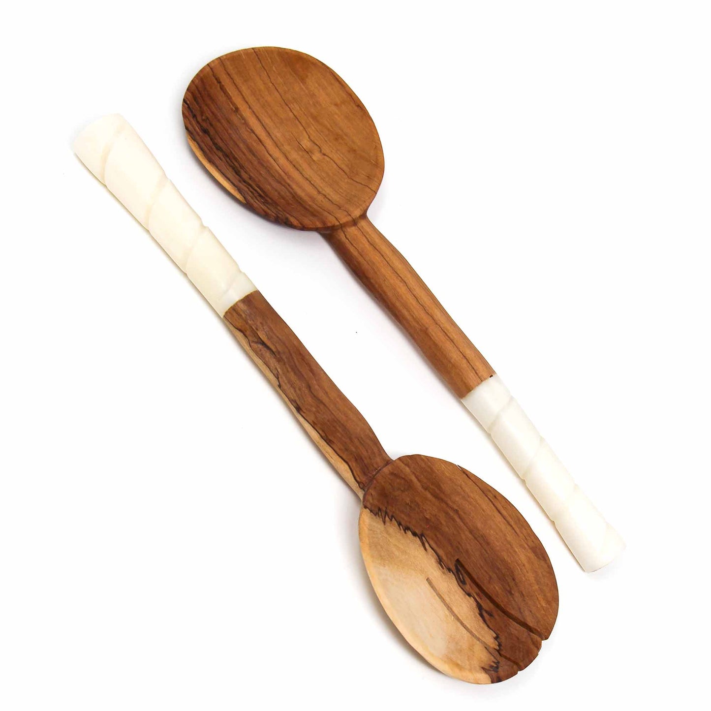 Olive Wood Salad Servers with Bone Handles, White with Etching Design