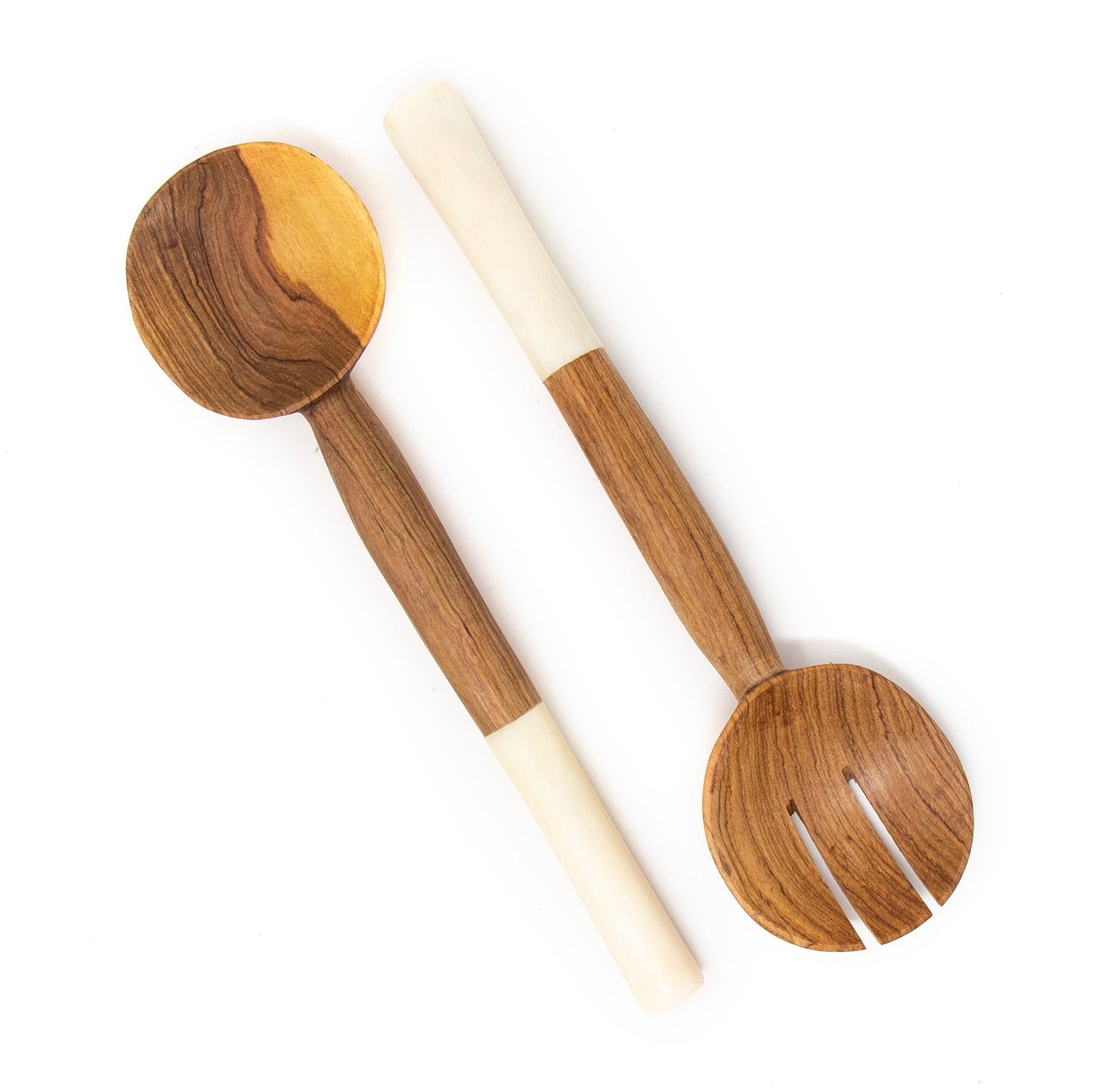 Olive Wood Salad Servers with White Bone