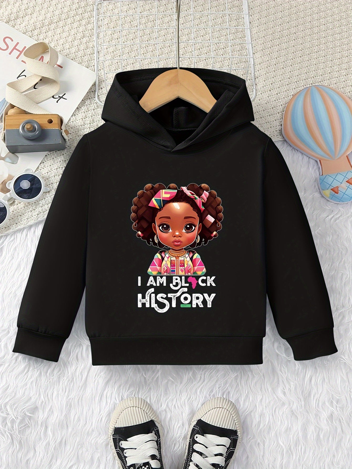 "Cartoon Style Girls' Hooded Sweatshirt with ""I AM BLACK HISTORY"" Print - Casual Pullover Hoodie"