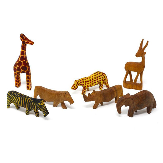 Handcarved Miniature Wood Safari Animals, Set of 7