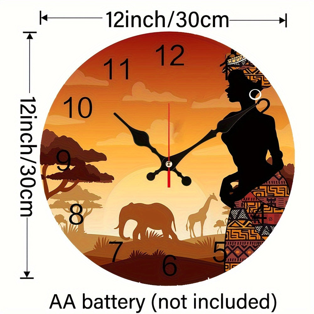 1pc African Woman Sunset Wall Clock Silent Non-Ticking Battery Operated Clocks, Round Clock for Home Living Room Office School Kitchen Bedroom Wall Decor Tribal Style Forest AA battery (not included)