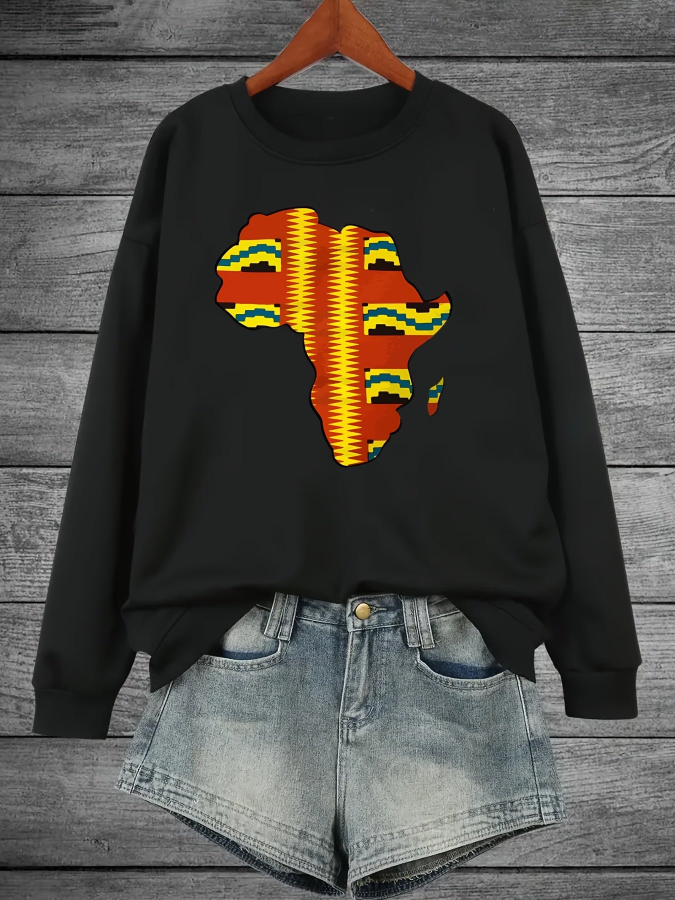 African Map Print Pullover Sweatshirt - Women's Casual Long Sleeve Crew Neck Sweatshirt