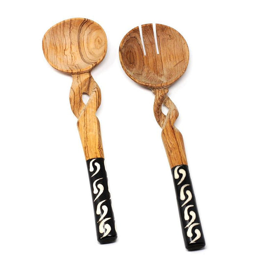 11-Inch Olive Wood Salad Serving Set with Twisted Handles - Jedando Handicrafts