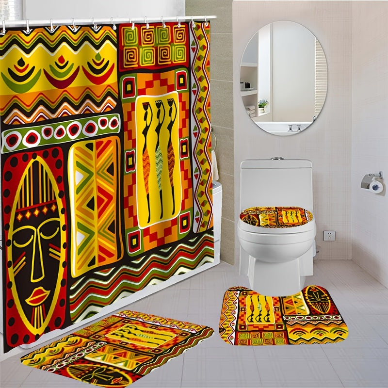 1/4pcs Tribal Pattern Shower Curtain Set with Waterproof Bath Curtain, Hooks, and Bathroom Mats - Bathroom Accessories and Decorations