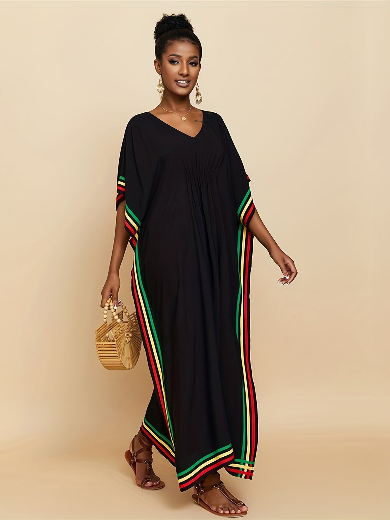 Women's Striped V-Neck Batwing Sleeve Cover Up Dress - Elegant Beach Kaftan for Swimwear & Clothing