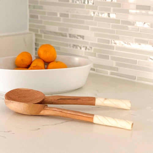 Olive Wood Salad Servers with Bone Handles, White with Etching Design